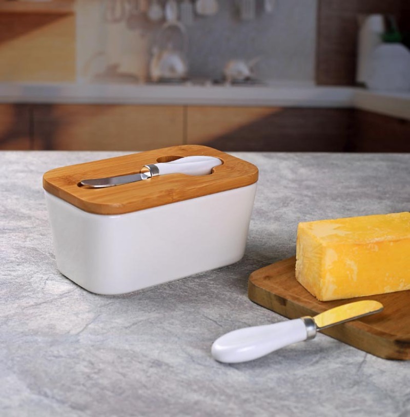 Bamboo Cutlery - Simple เซรามิคจานเนยไม้ไผ่มีดเนยรูปสี่เหลี่ยมผืนผ้าปิดผนึก Jar Western ชีสเนยกล่อง Jar