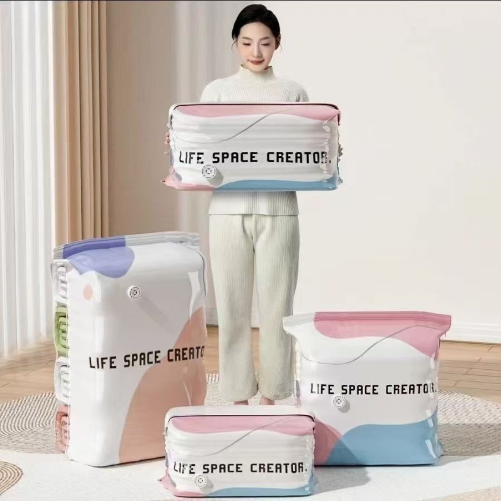 Reusable Bag - ถุงเก็บของสุญญากาศแบบกดและปิดผนึก ประหยัดพื้นที่ ดีไซน์บีบอัด ไม่ต้องใช้ปั๊ม ถุงสุญญากาศแบบลูกบาศก์ ใช้ซ้ำได้